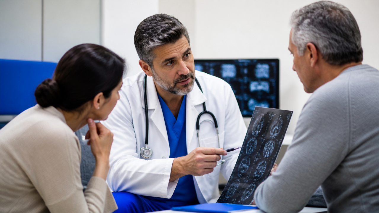 Médico explica a necessidade de tratamento contínuo a paciente e familiar