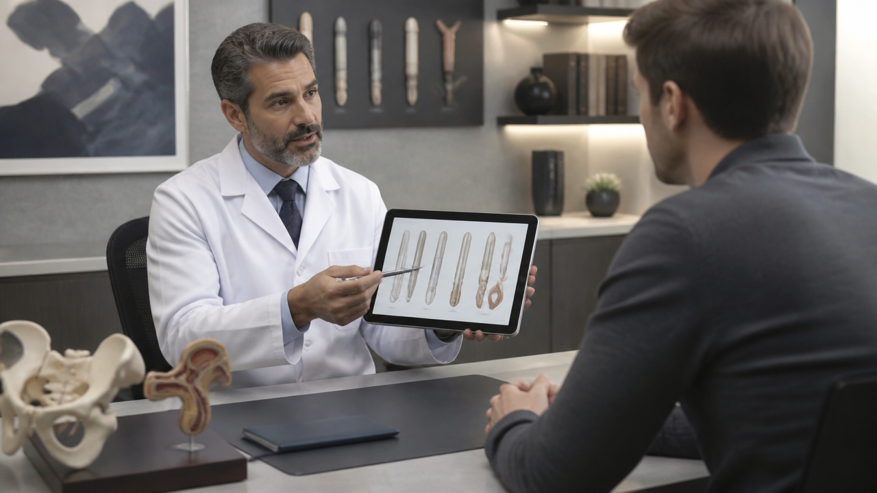 Médico explicando opções de tratamento para aumento peniano em consulta especializada