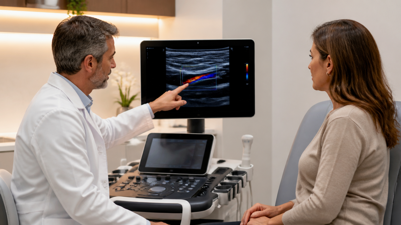 Médico vascular explicando avaliação venosa com ultrassom para paciente