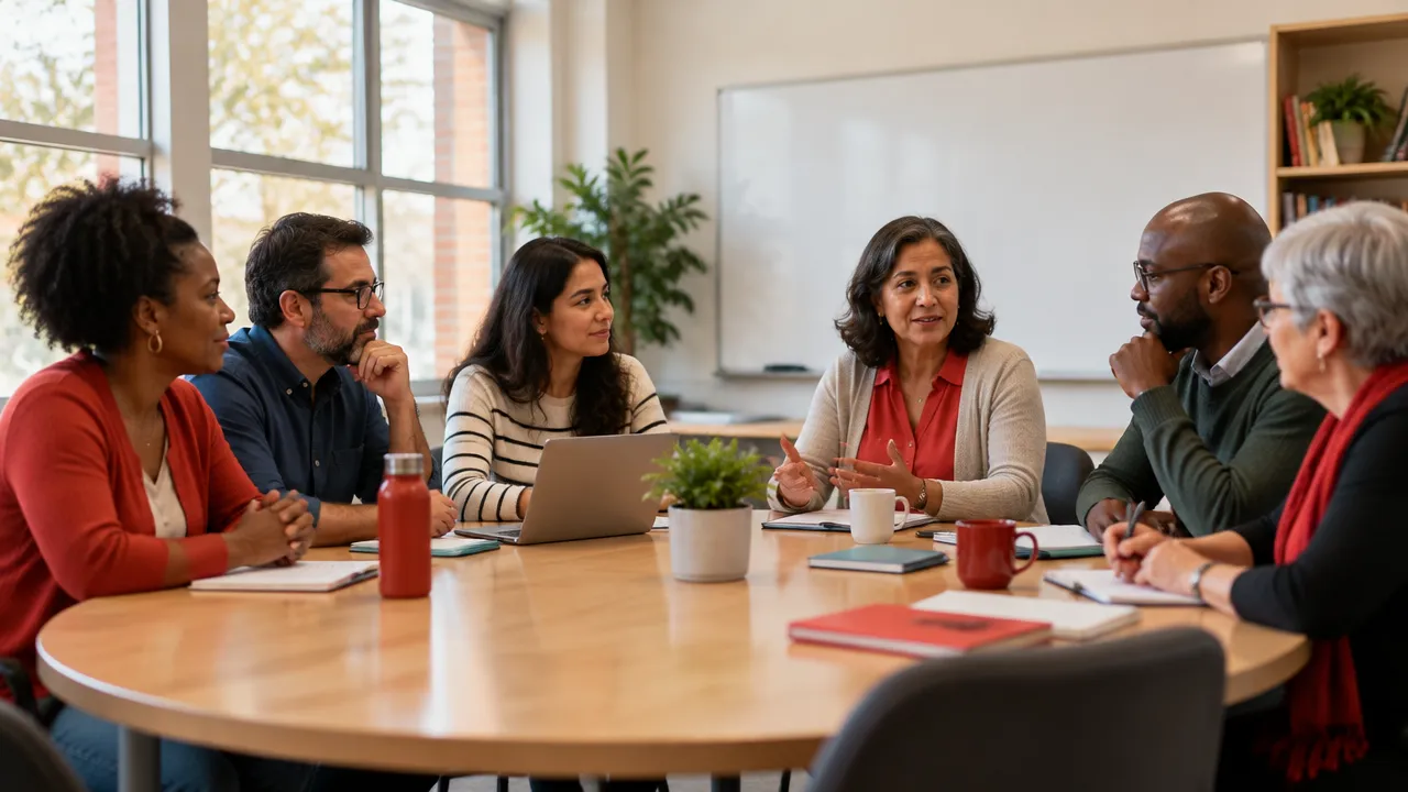 Membros diversos de um conselho escolar conversam ao redor de uma mesa durante uma reunião