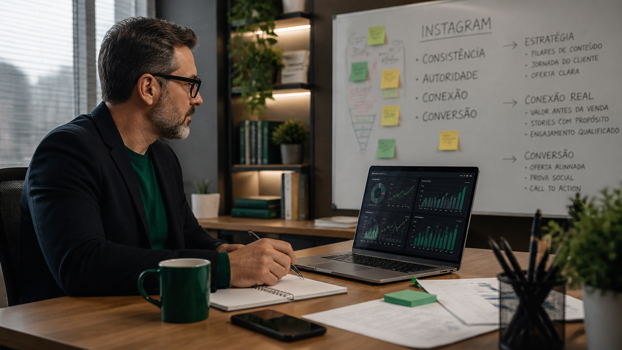 Mentor analisando métricas e planejando estratégia de conteúdo para atrair clientes qualificados no Instagram