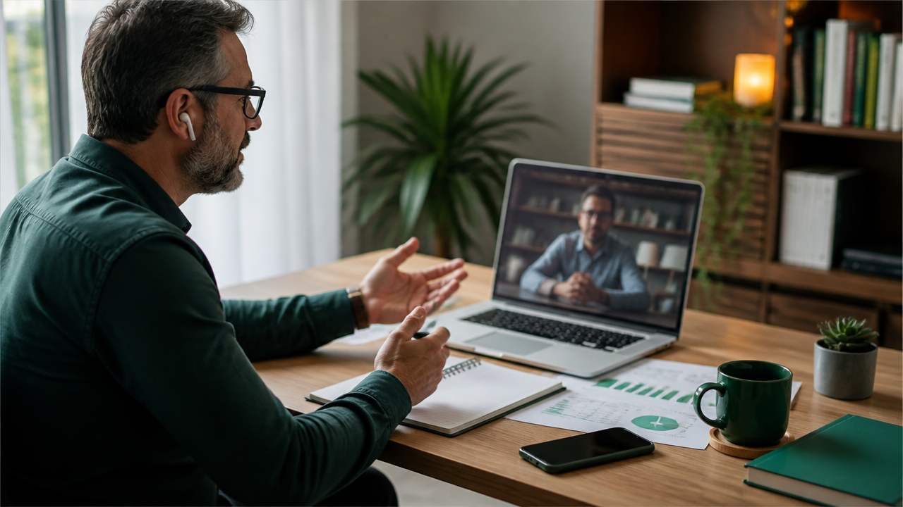 Mentor conduzindo uma sessão estratégica online em escritório profissional