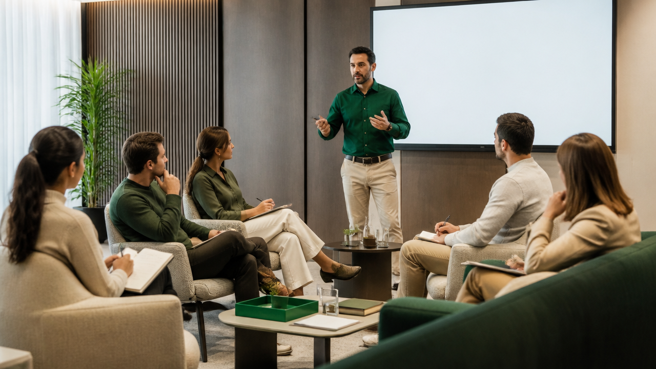 Mentor conduzindo uma sessão prática ao vivo com participantes atentos em uma imersão presencial.