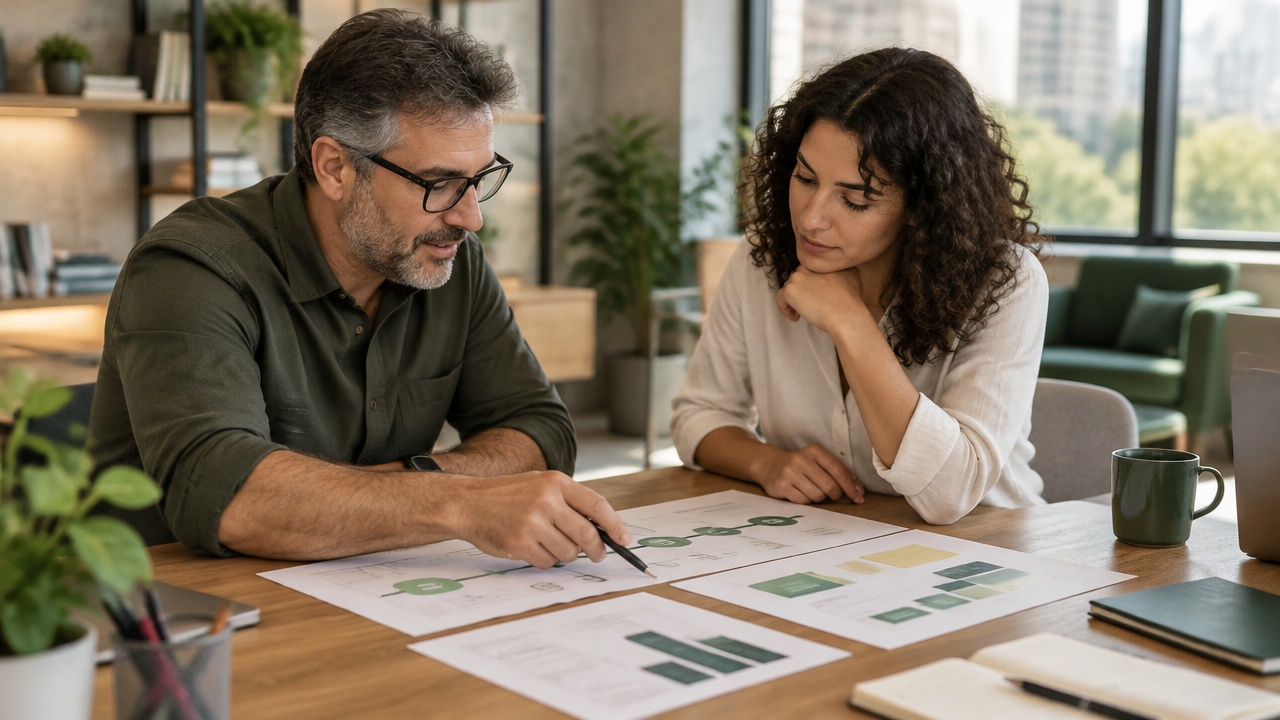 Mentor e empreendedora revisam etapas de evolução em uma sessão de acompanhamento