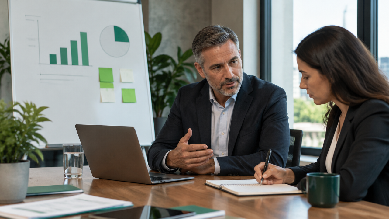 Mentor e empresária revisam ações e indicadores de progresso durante um encontro de acompanhamento