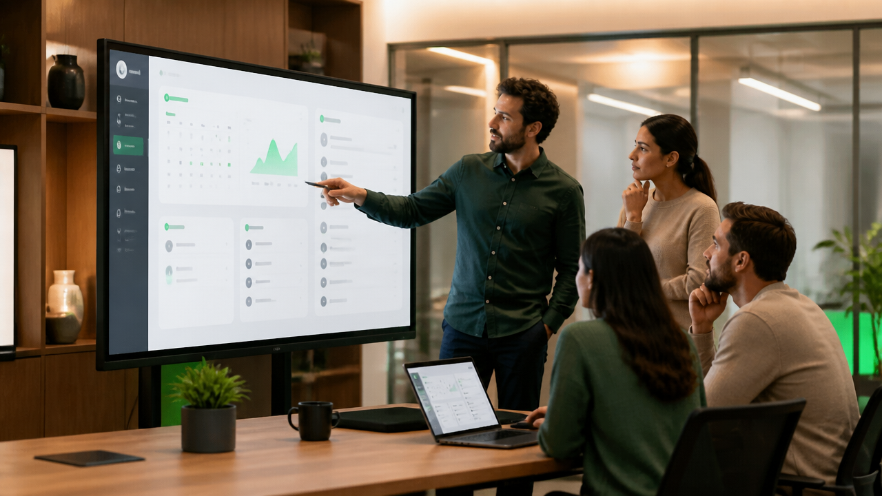 Mentor e equipe planejando uma jornada digital personalizada em plataforma de marca própria