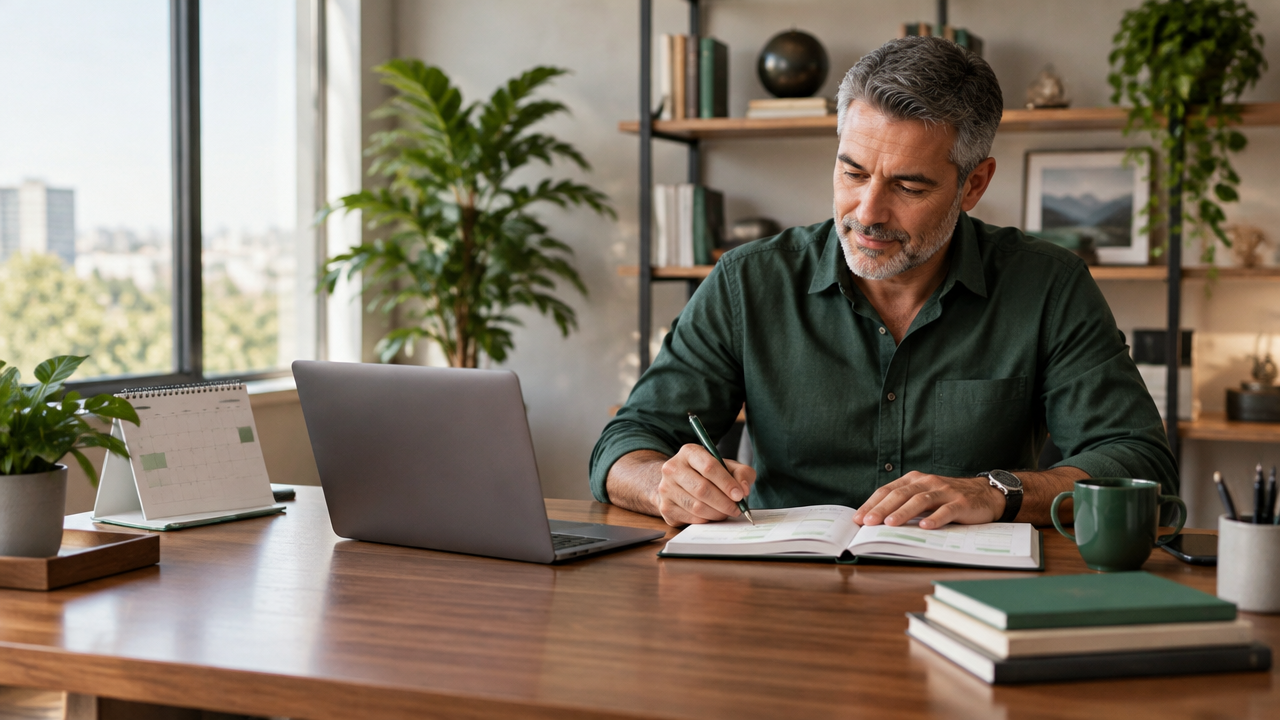 Mentor experiente organizando a rotina comercial semanal em um caderno no escritório
