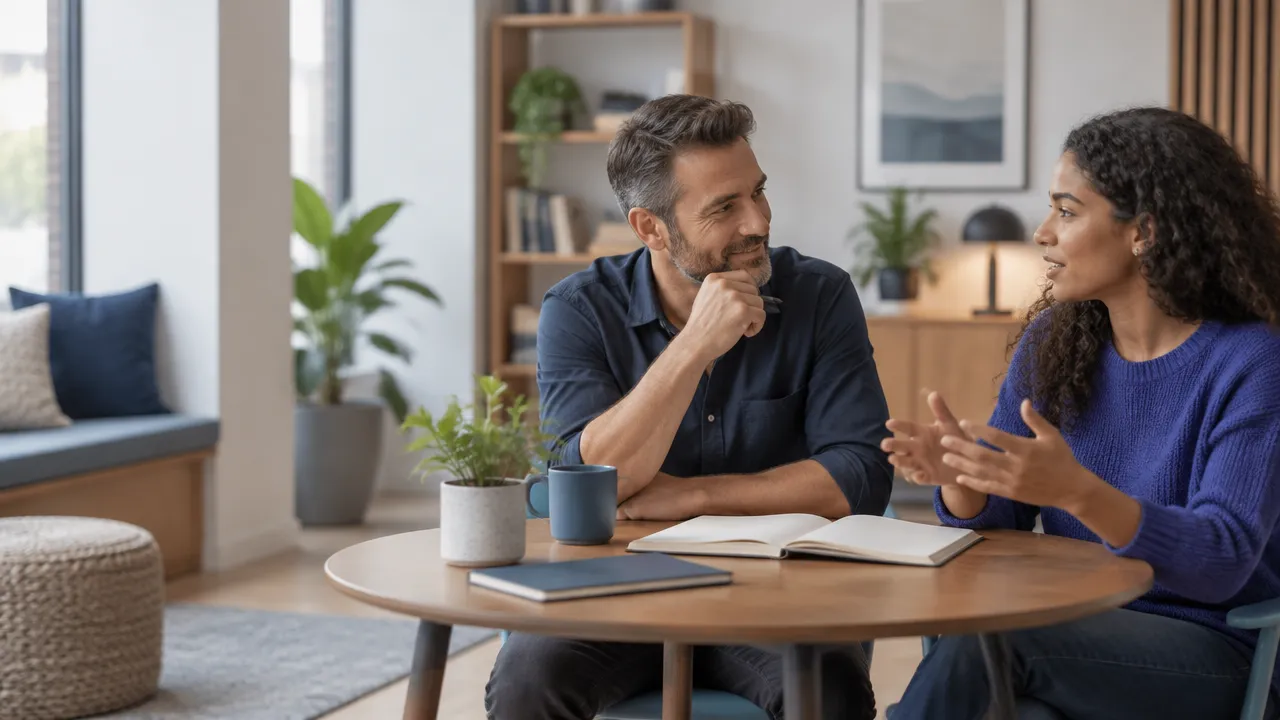 Mentor listening as an adult learner explains a task, showing autonomy-supportive motivation.