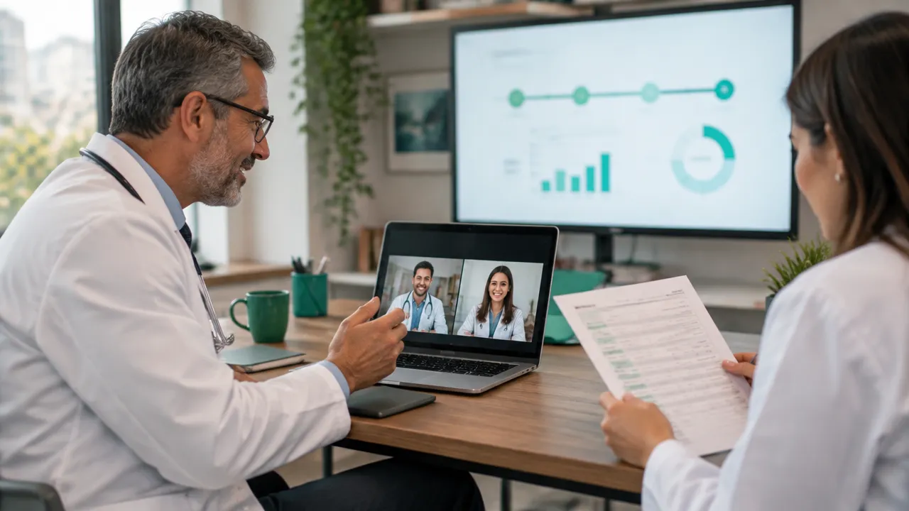 Mentor médico conduz uma videoconferência enquanto sua equipe organiza o acompanhamento dos mentorados