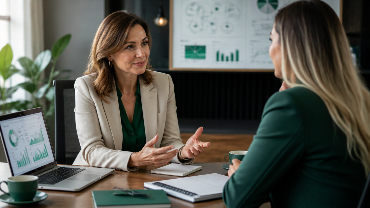 Mentora e empreendedora em reunião estratégica, representando a transformação da mentoria em visão empresarial