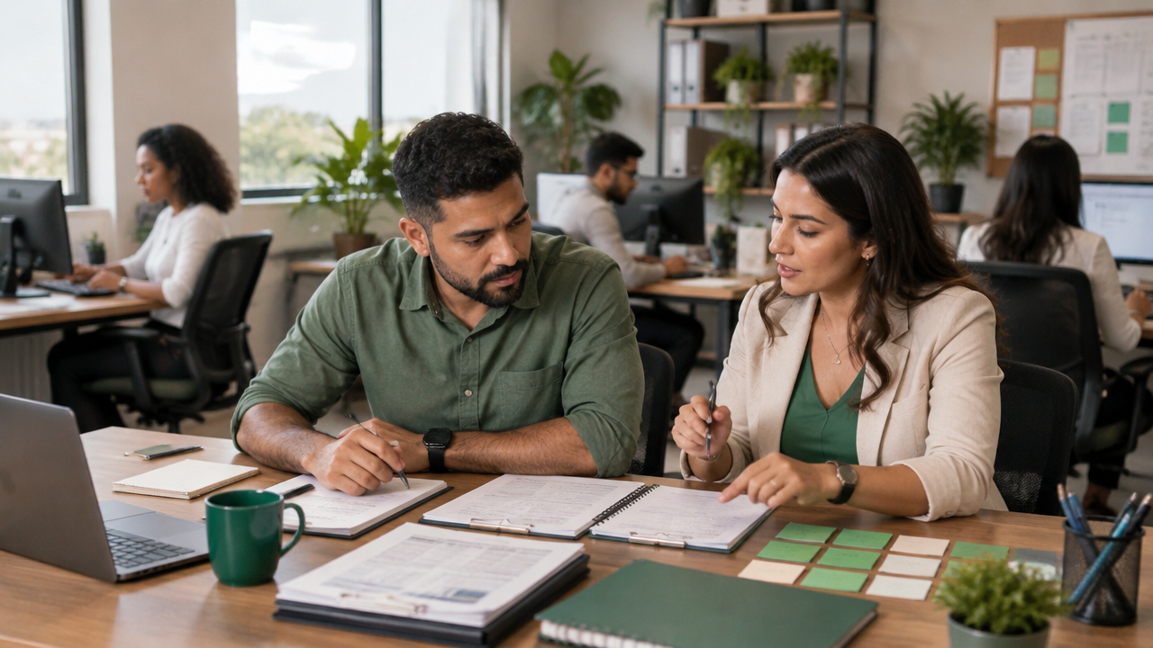 Mentora e empresário organizam prioridades e processos da empresa em uma reunião de trabalho