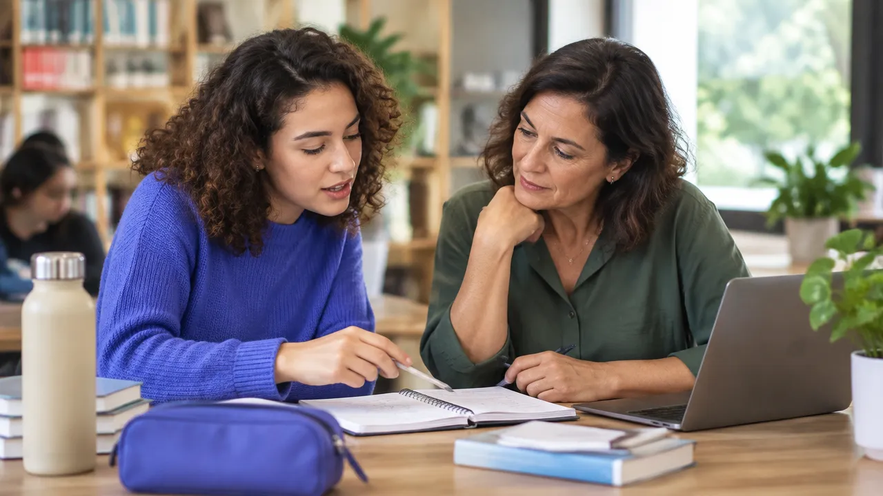 Mentora e estudante analisam juntas um exercício em um ambiente de aprendizagem acolhedor.