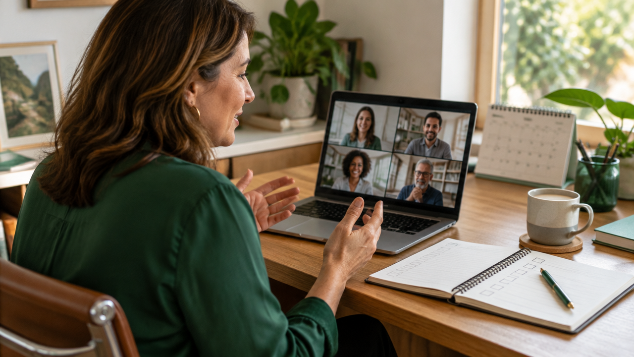 Mentora experiente participa de uma sessão virtual com seu grupo de pares