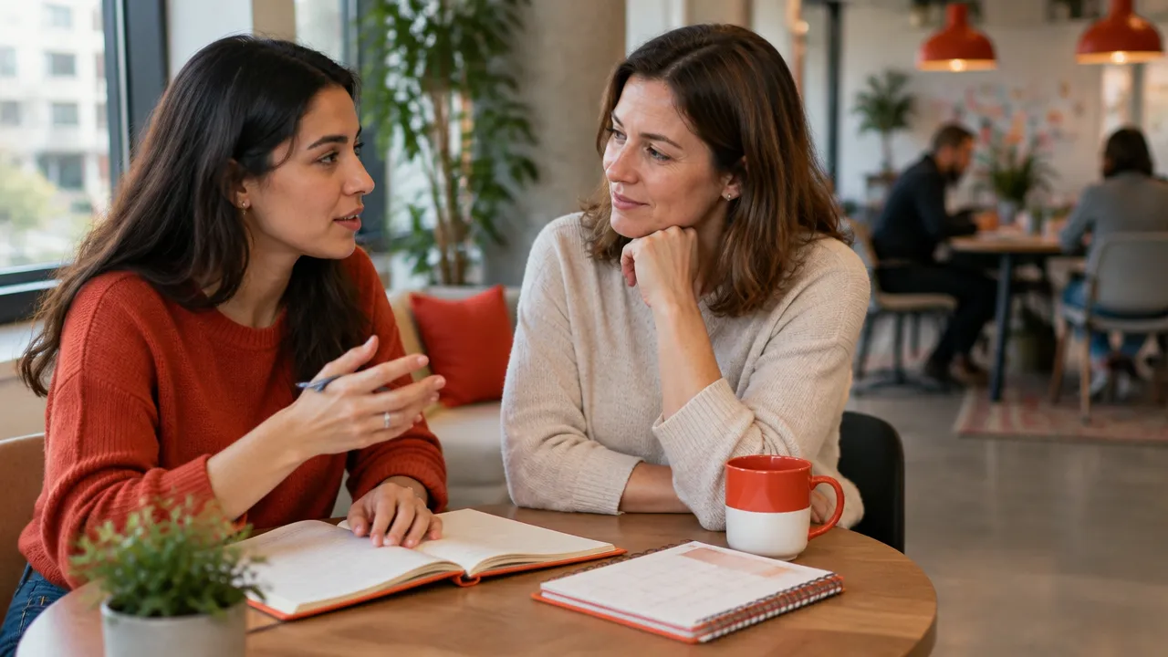 Mentora y nueva colaboradora revisan juntas expectativas y próximos pasos durante la incorporación