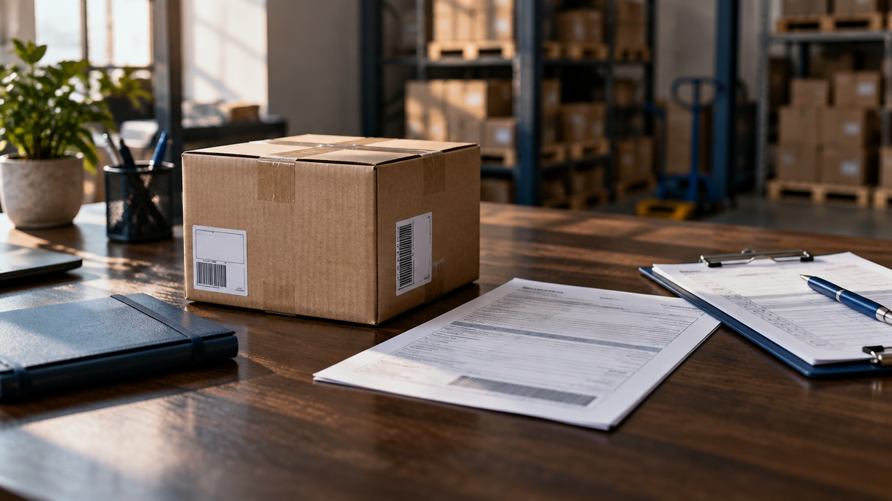 Mercadoria identificável ao lado de documentos fiscais e registros de estoque para comprovar uma operação.