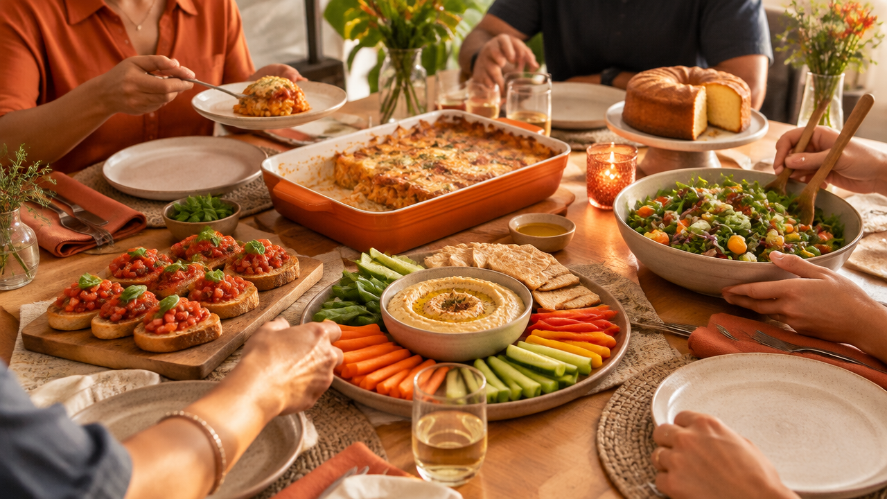 Mesa acolhedora com petiscos, massa e sobremesa para receber amigos em casa