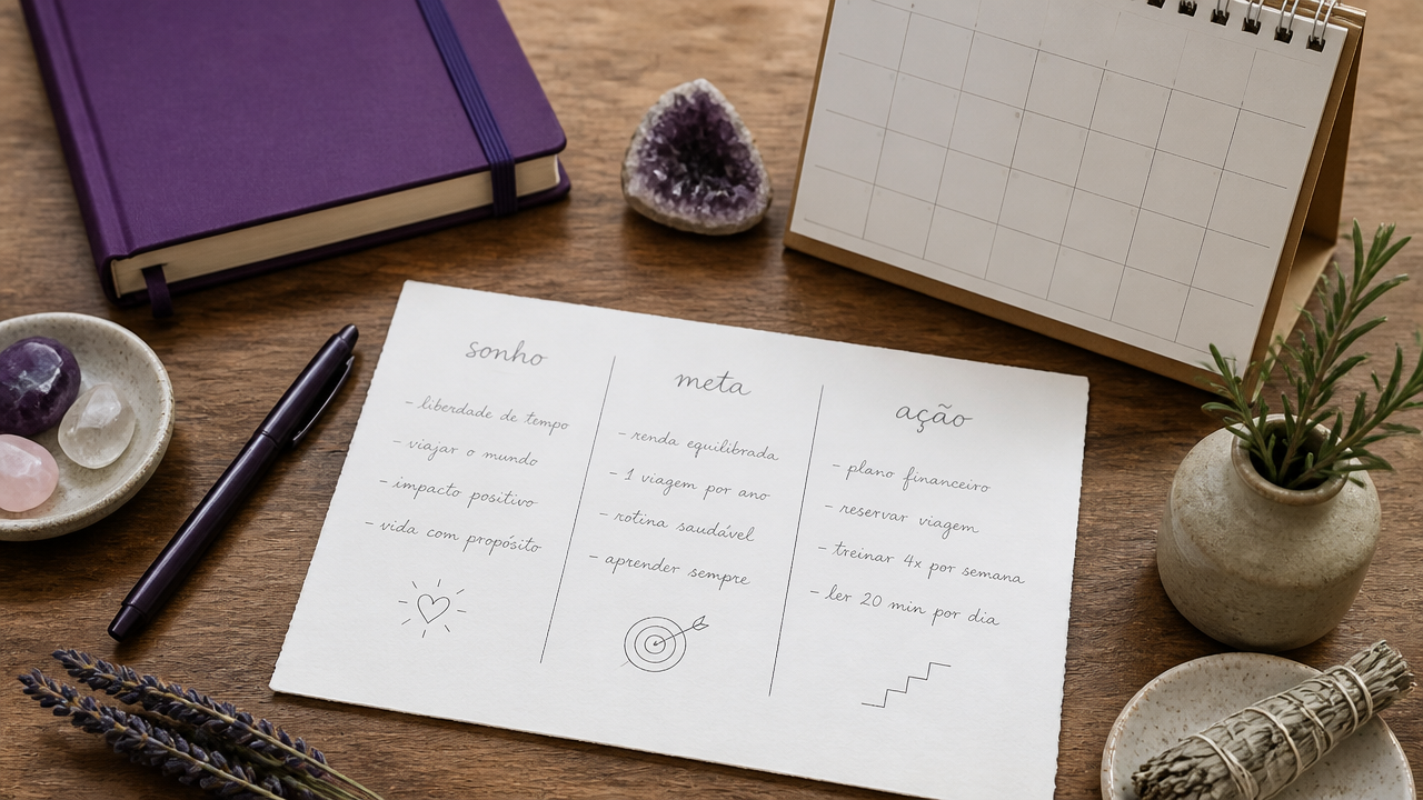 Mesa com anotações de sonho, meta e ação, acompanhadas de elementos espirituais discretos.