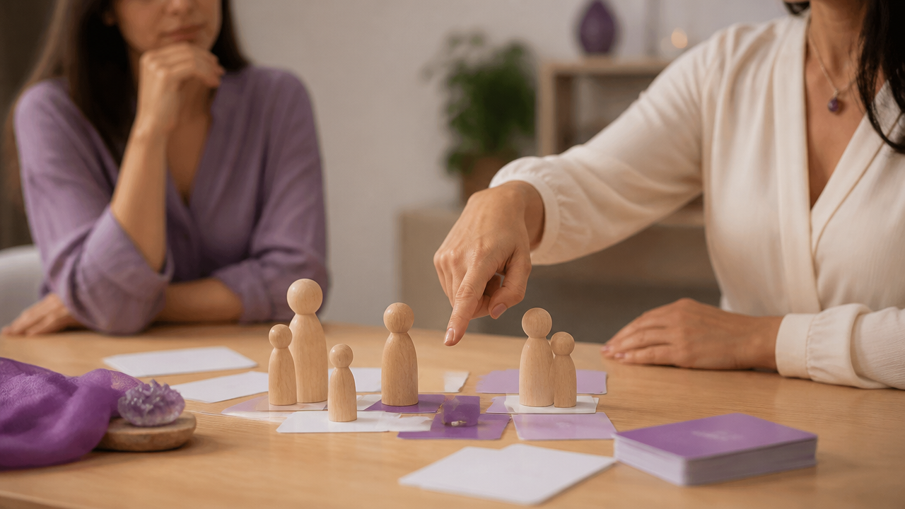 Mesa com bonecos e cartões usados para representar vínculos familiares em uma sessão individual