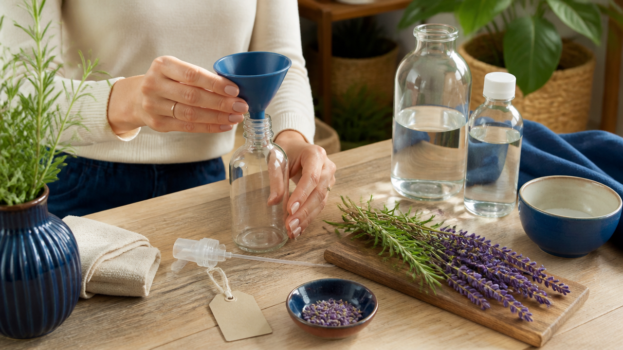 Mesa com borrifador, álcool de cereais, água filtrada e ervas para preparar um spray energético