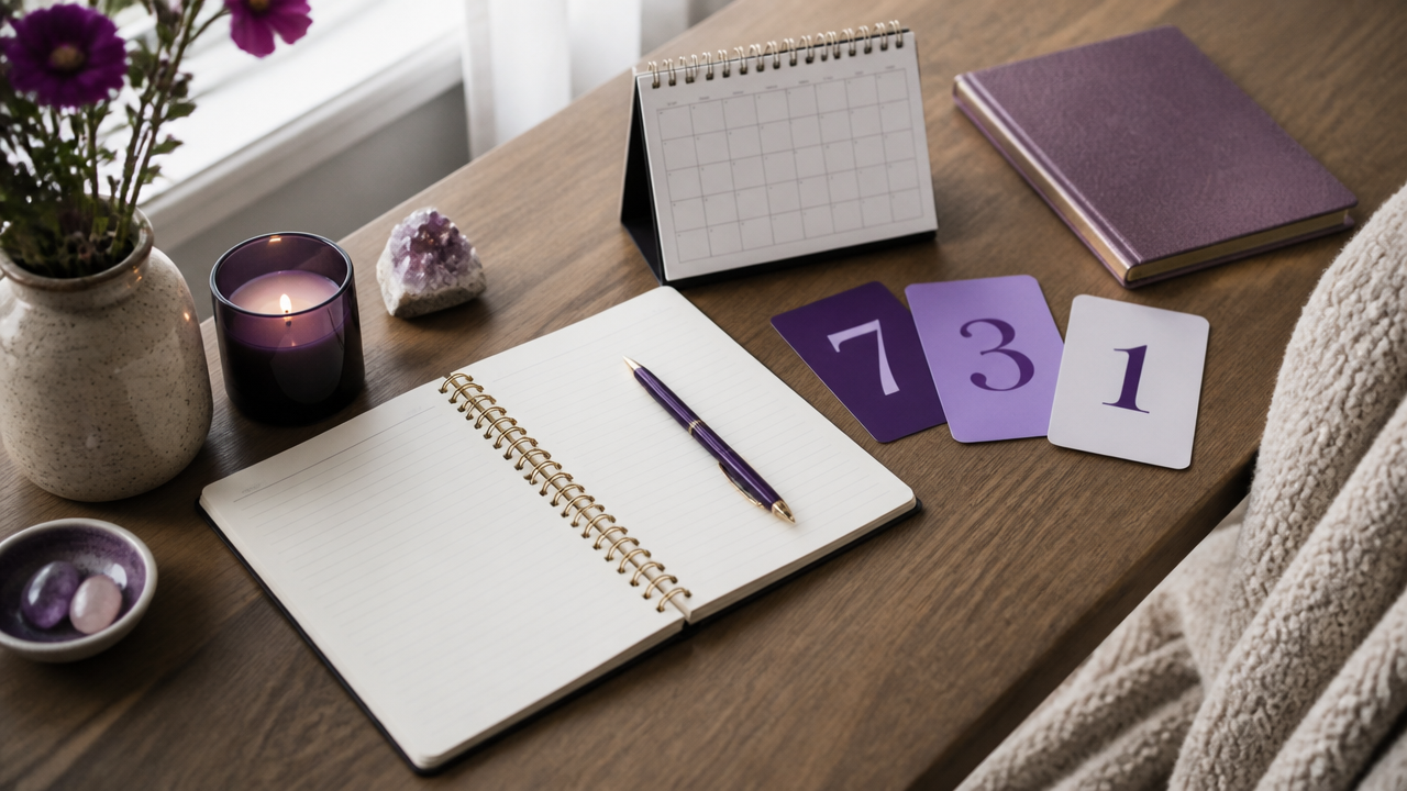 Mesa com caderno, calendário e números usada para refletir sobre o ano pessoal e uma mudança de visual