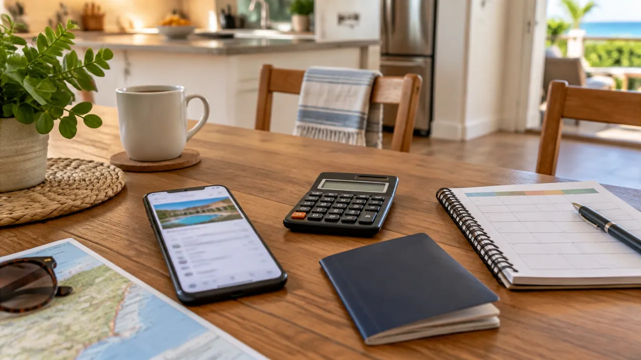 Mesa com calculadora e celular para comparar diária, limpeza e taxas de uma casa de temporada