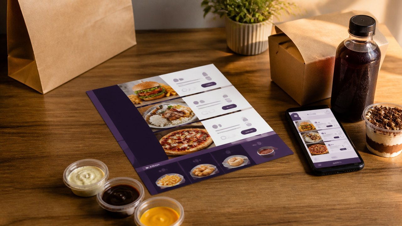 Mesa com cardápio de delivery, adicionais e celular mostrando composição de pedido maior