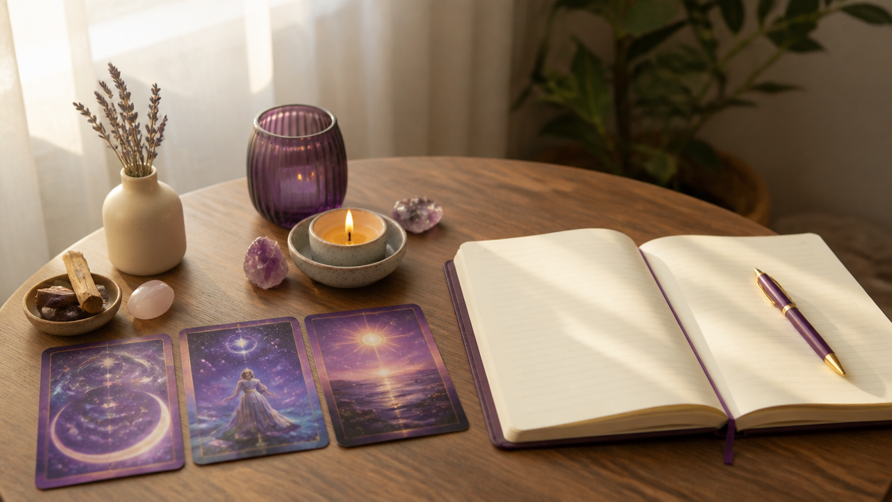 Mesa com cartas de oráculo, caderno aberto e vela em uma rotina matinal de gratidão
