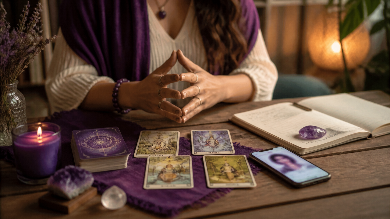 Mesa com cartas de tarot, caderno e celular usado para análise intuitiva de perfil