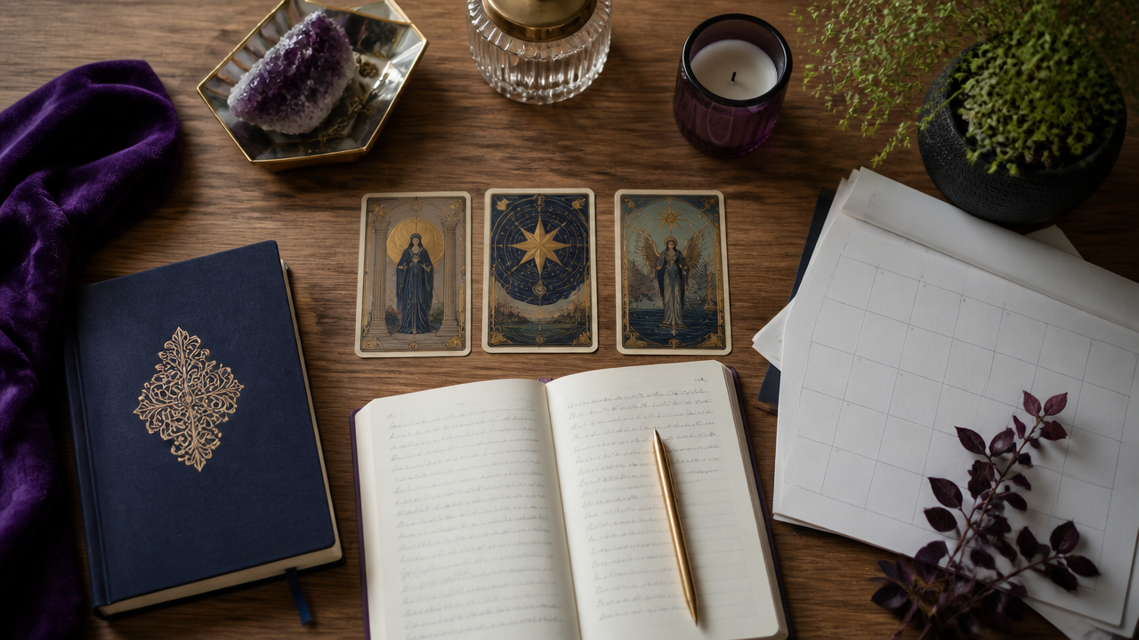 Mesa com cartas de tarot, caderno e planejamento de carreira para uma decisão profissional consciente