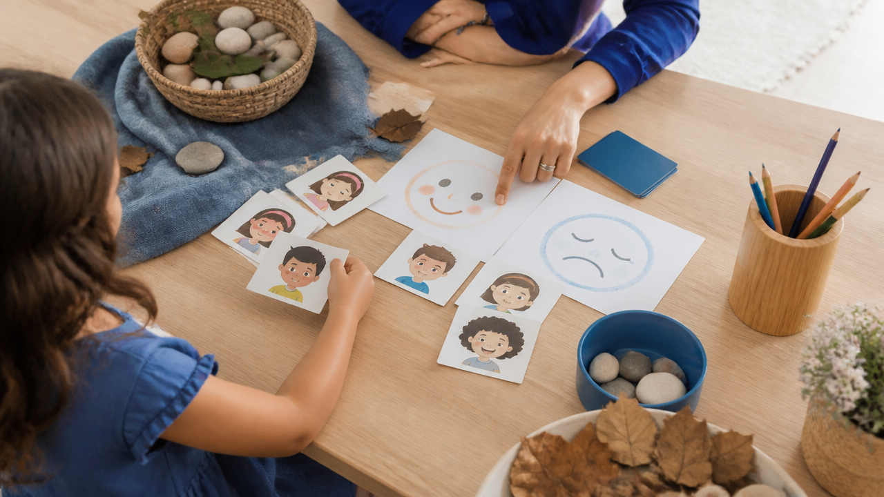Mesa com cartas ilustradas, lápis de cor e desenhos de emoções em atividade infantil guiada