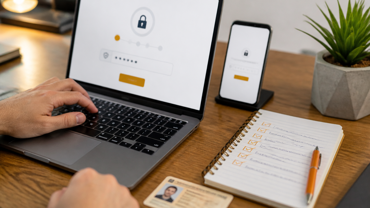 Mesa com celular, notebook e documentos usados na recuperação e verificação de identidade de uma conta invadida