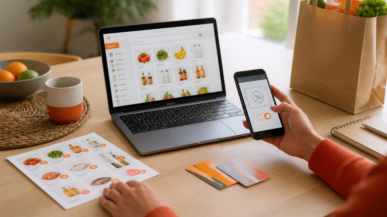 Mesa com celular, notebook e lista mostrando diferentes formas de encontrar cupons de supermercado.
