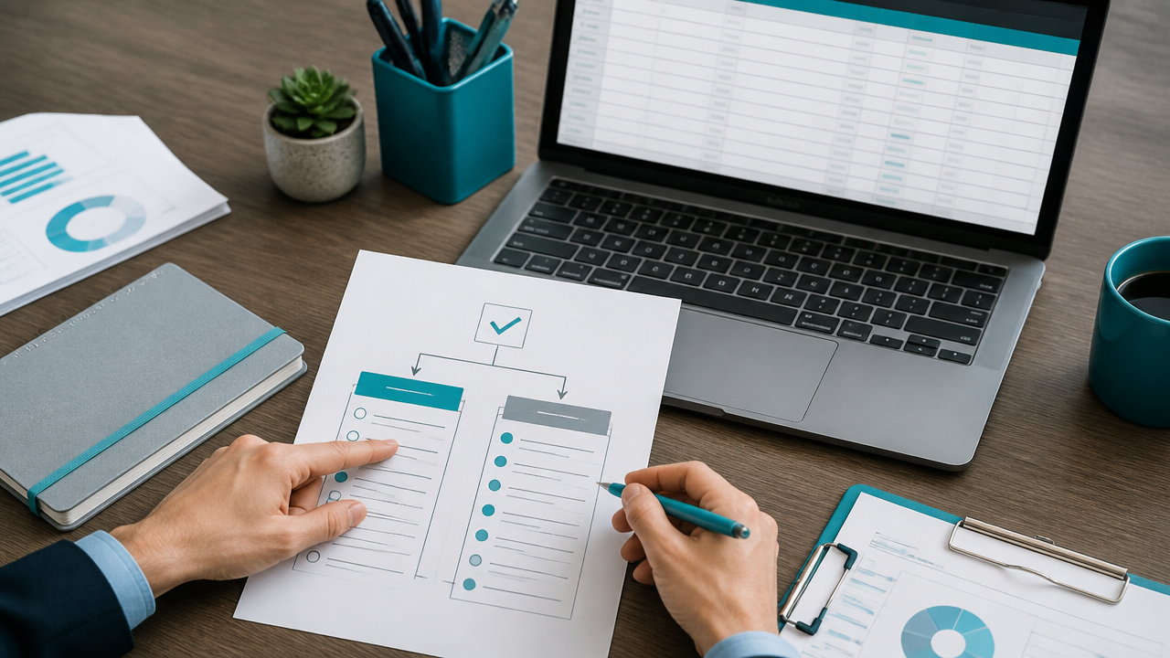 Mesa com checklist e documentos usados para escolher CNAE principal e secundários de um BPO financeiro.