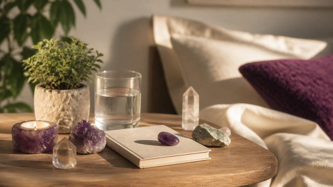 Mesa com cristais, planta e copo com água, simbolizando proteção e equilíbrio espiritual no lar