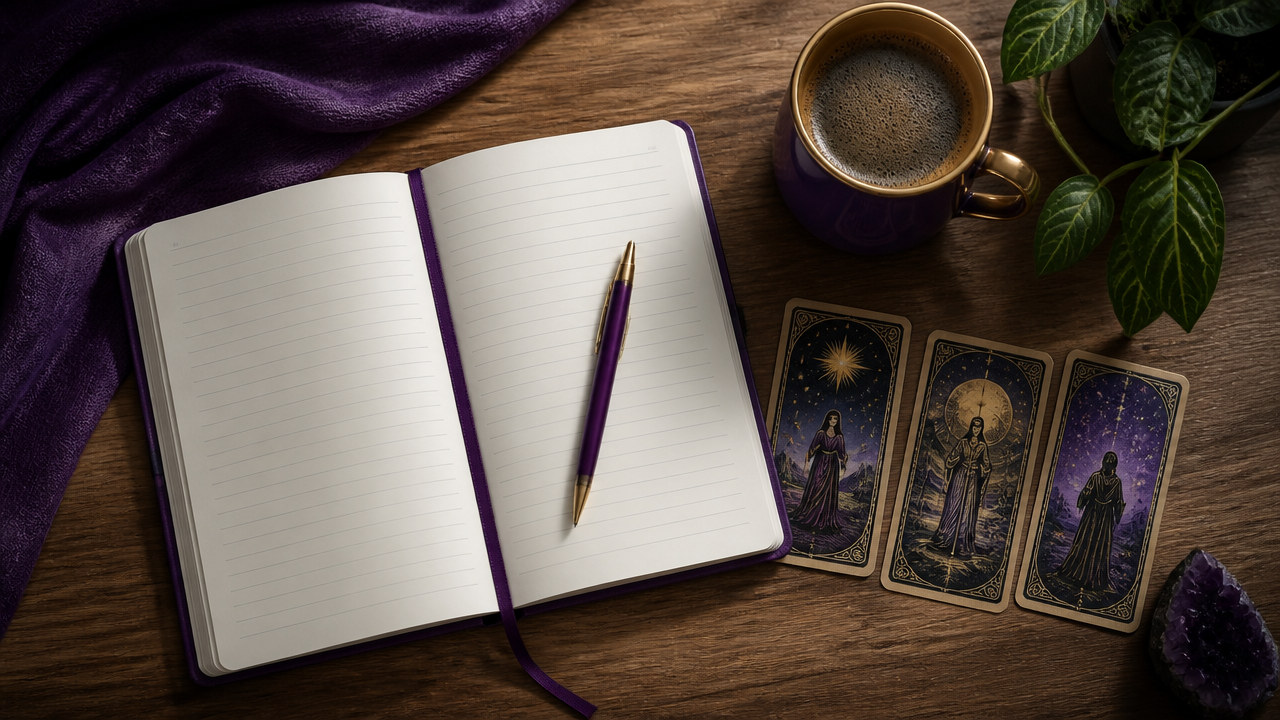 Mesa com diário, caneta e cartas de tarot para reflexão sobre estágio