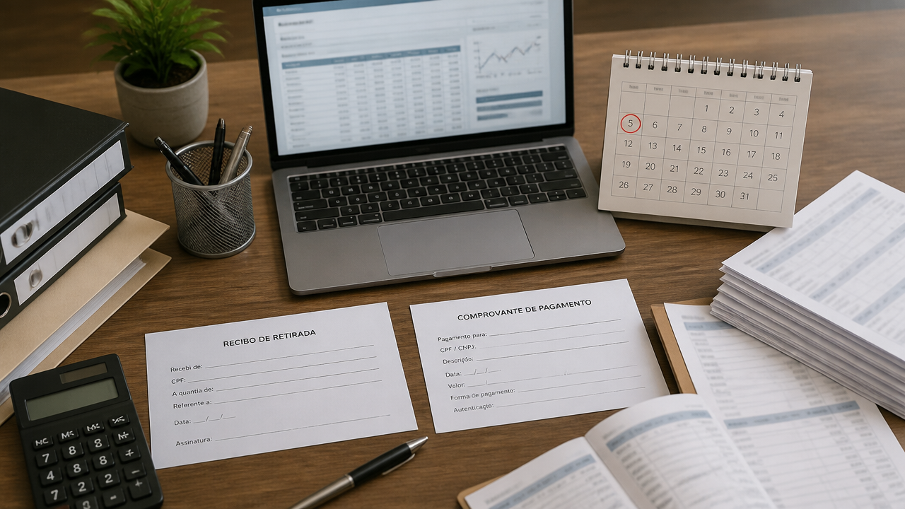 Mesa com documentos e calendário organizados para rotina contábil do pró-labore e envio de extratos