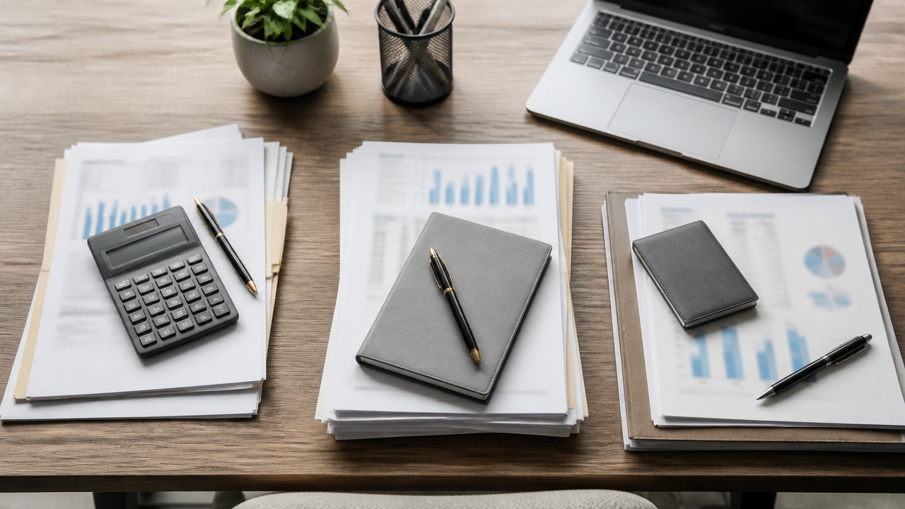Mesa com documentos financeiros organizados para comparar retirada do sócio, folha e lucros