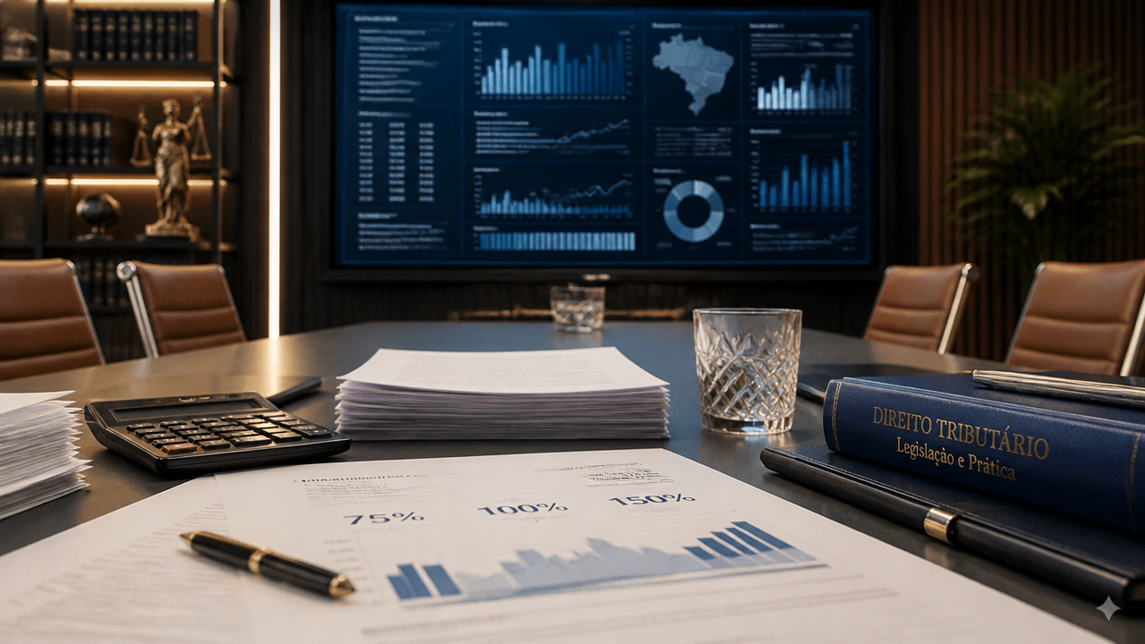 Mesa com documentos fiscais e análise de multas tributárias em ambiente corporativo.