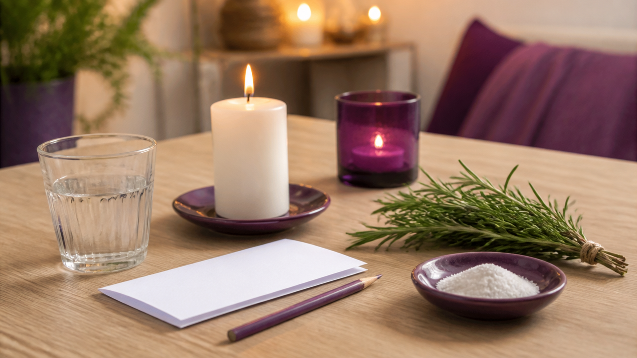 Mesa com itens simples para uma simpatia de harmonia familiar, como vela branca, água, papel e alecrim