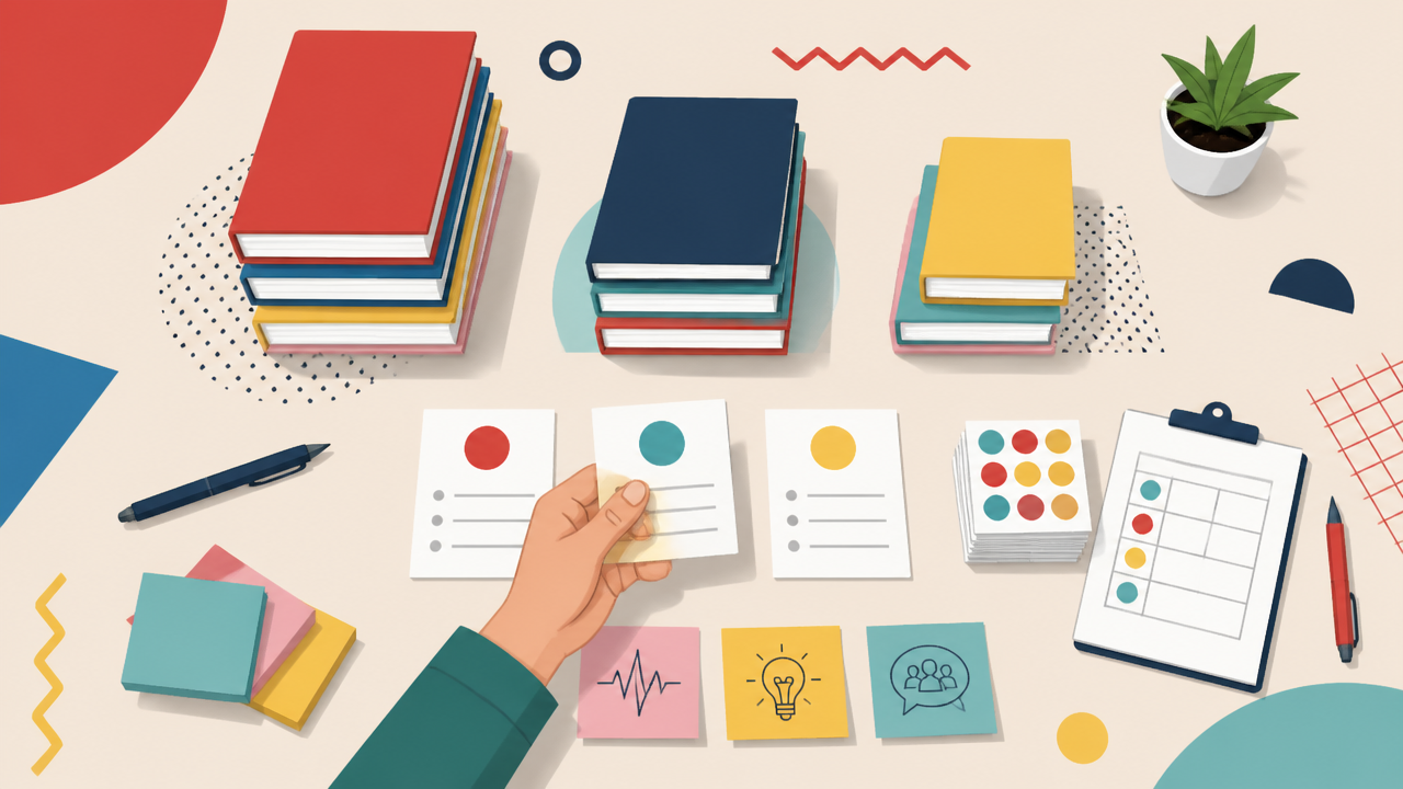 Mesa com livros, anotações e critérios para selecionar a leitura do clube