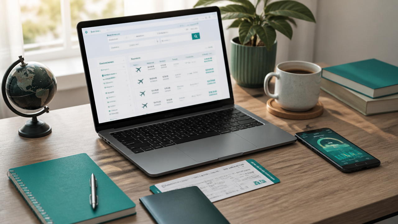 Mesa com notebook, cartão de embarque e celular, ilustrando planejamento para comprar passagens aéreas e acumular milhas