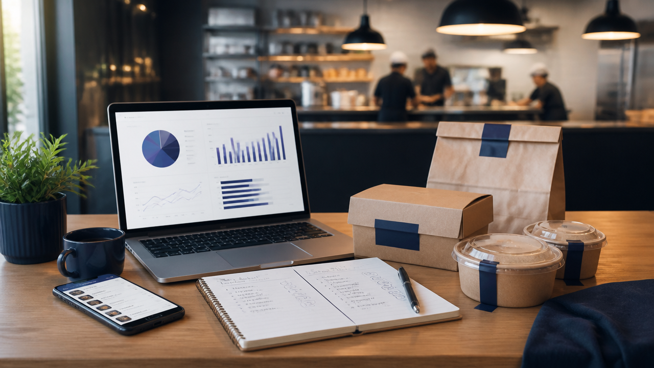 Mesa com notebook, celular e anotações comparando canal próprio e marketplace no delivery