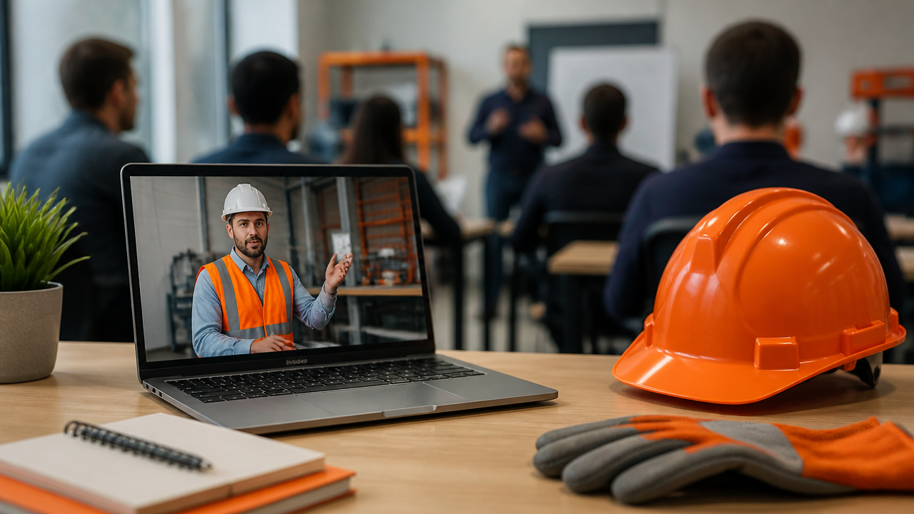 Mesa com notebook e equipamentos de proteção ilustrando a escolha entre curso online e presencial em segurança do trabalho.