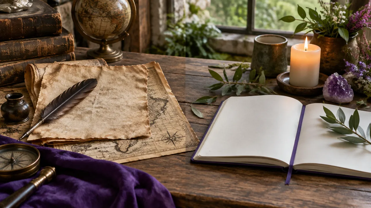 Mesa com objetos de estudo histórico e reflexão contemporânea, representando a diferença entre druidas antigos e praticantes modernos.