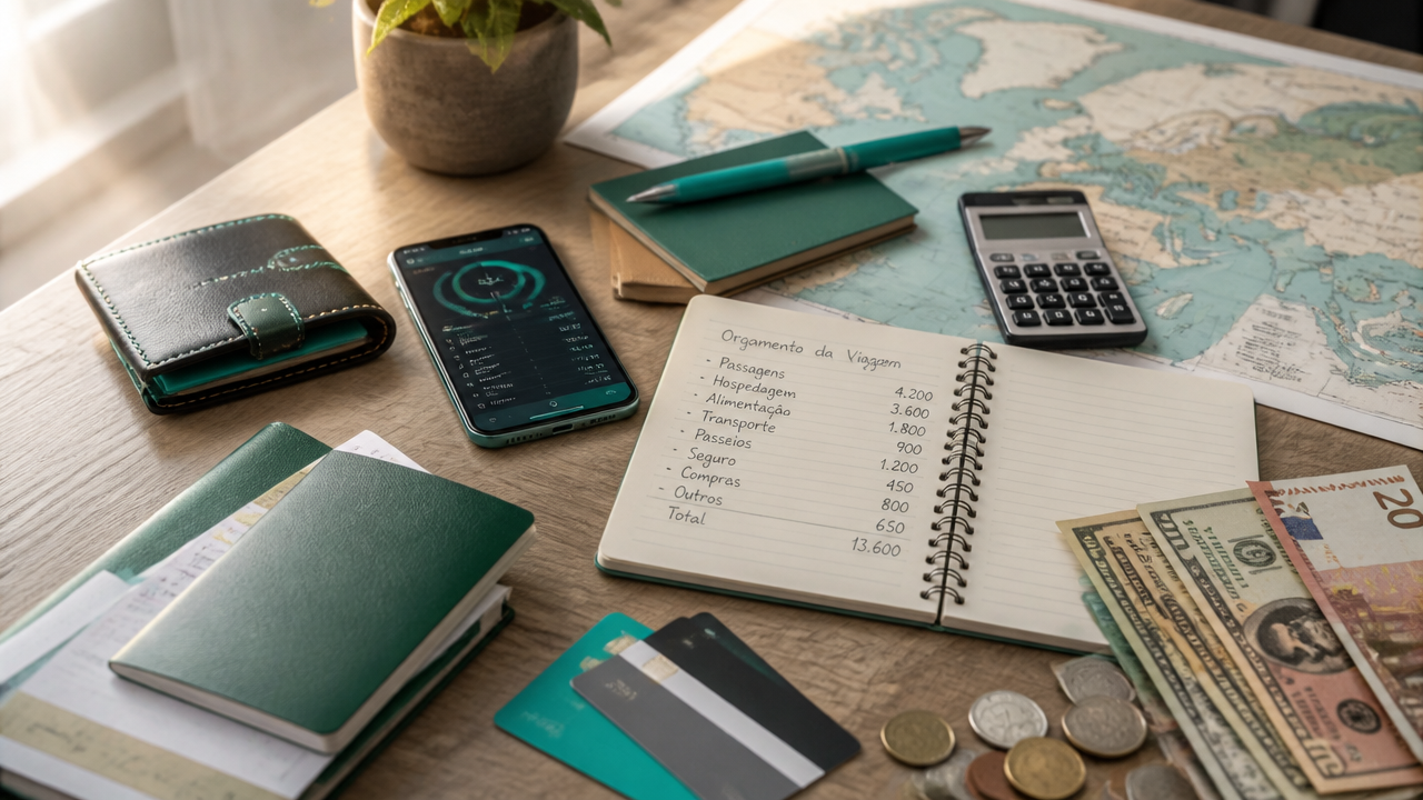 Mesa com passaporte, cartões e moedas diferentes usadas no planejamento de uma viagem internacional