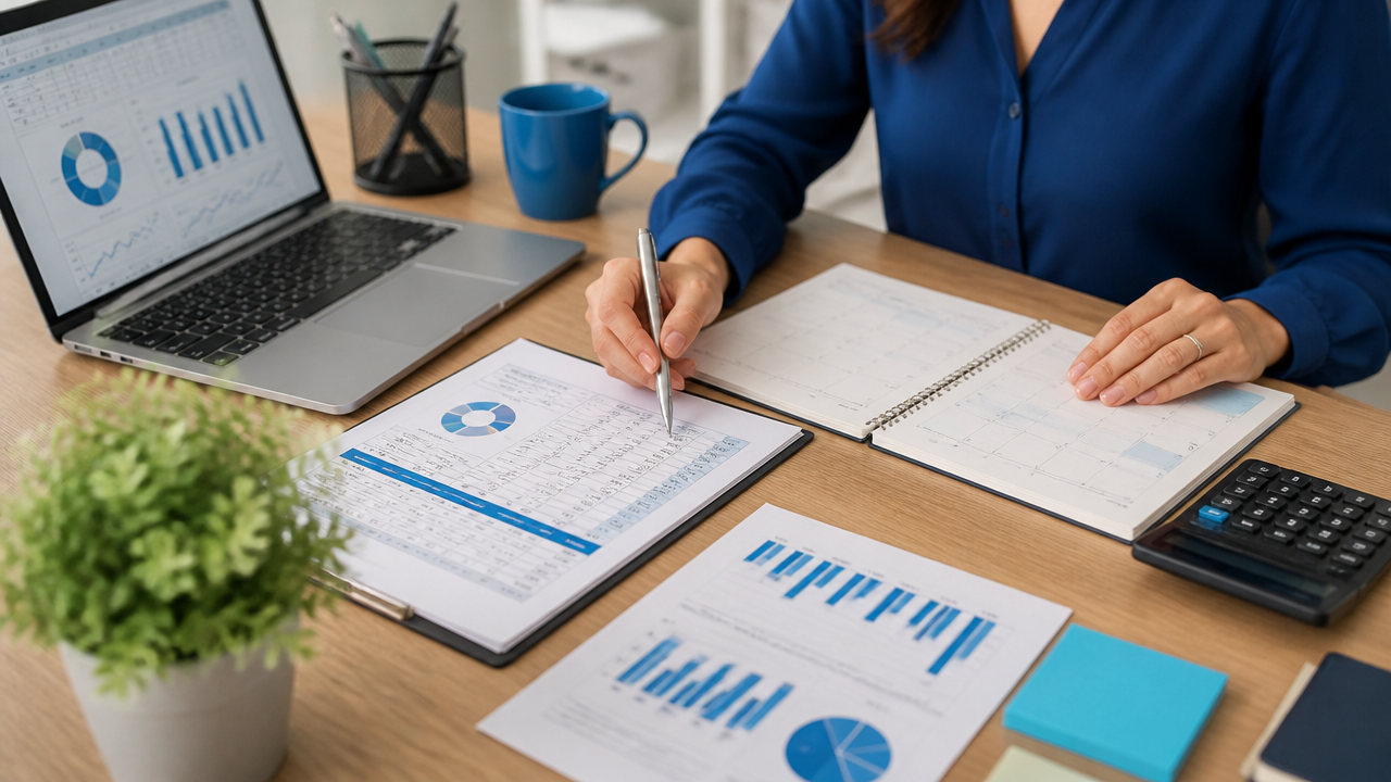 Mesa com planilhas, notebook e anotações usadas no planejamento financeiro da empresa