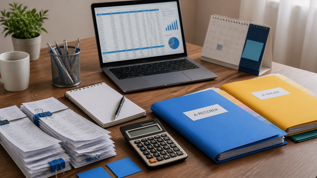 Mesa com planilhas, recibos e calendário organizando contas da empresa