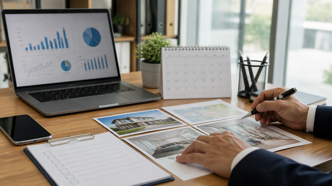 Mesa com plano de captação imobiliária, checklist e relatório de follow-up
