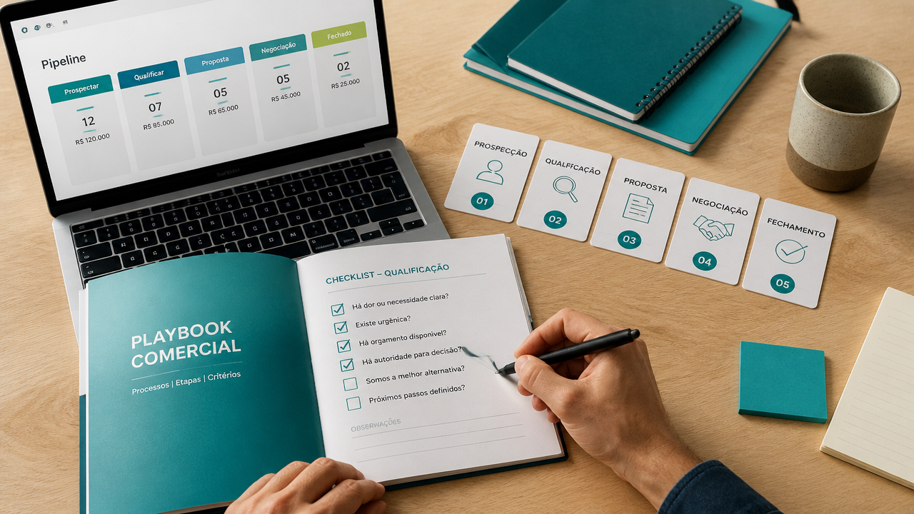 Mesa com playbook comercial, checklist de qualificação e pipeline de vendas para BPO financeiro