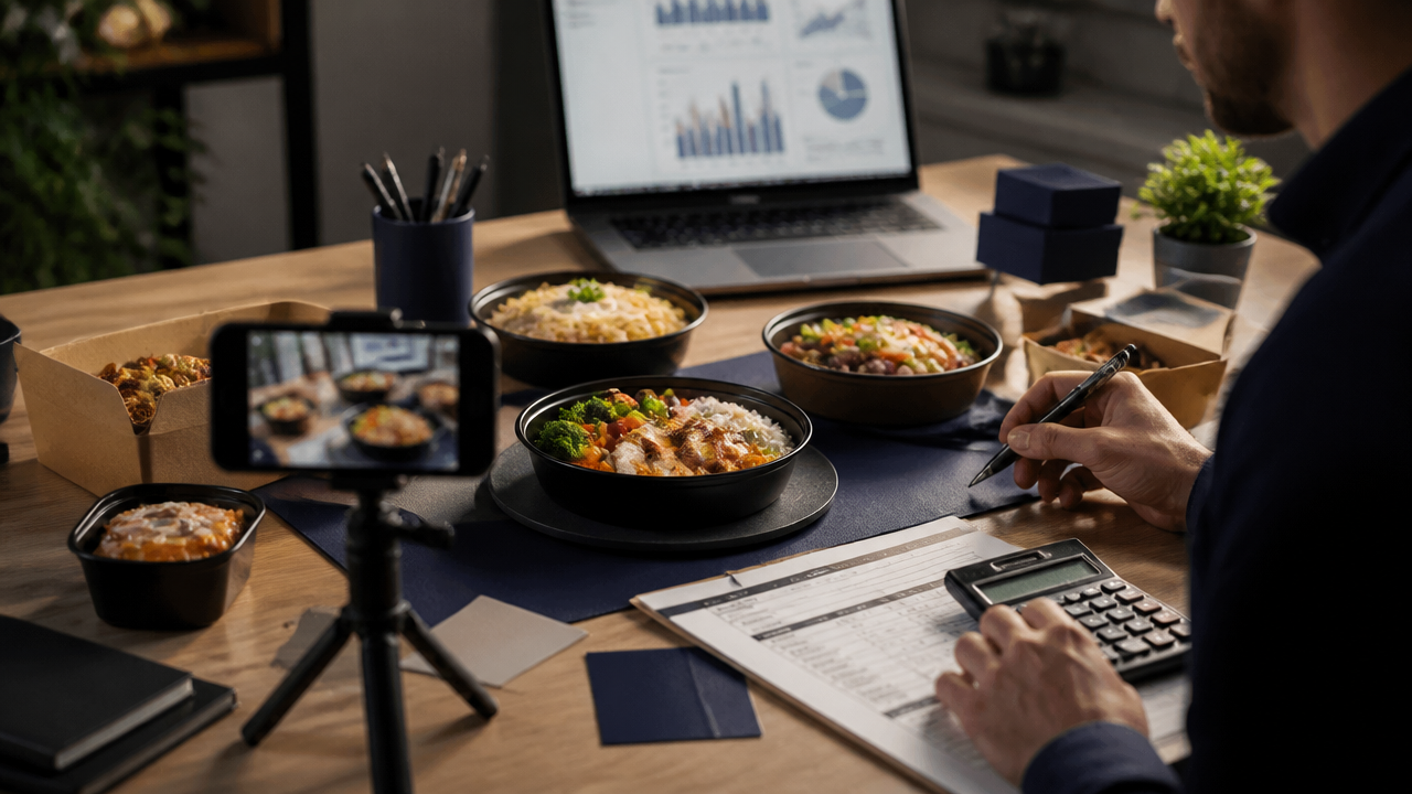 Mesa com pratos de delivery, celular fotografando os produtos e planilha de custos ao lado.